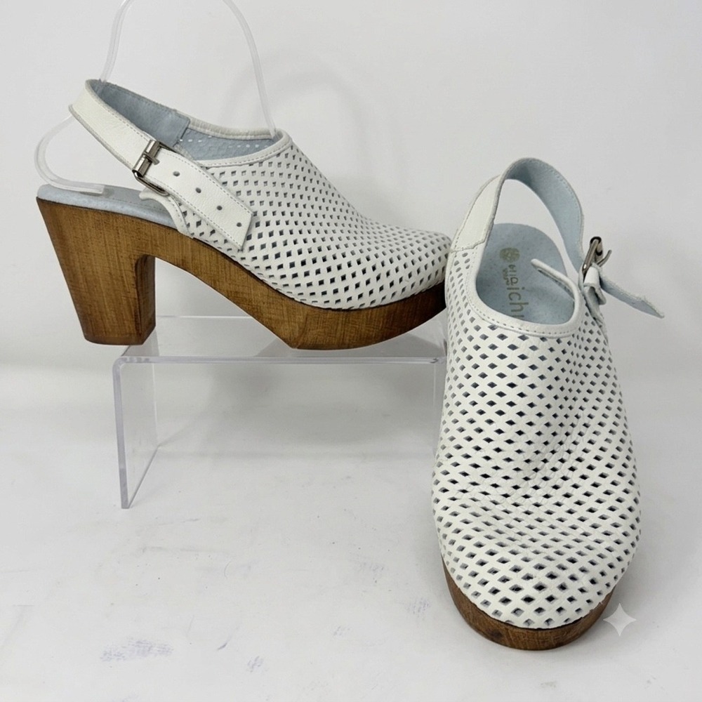 Eric Michael White Perforated Leather Wooden Platform Slingback Clogs Size 40